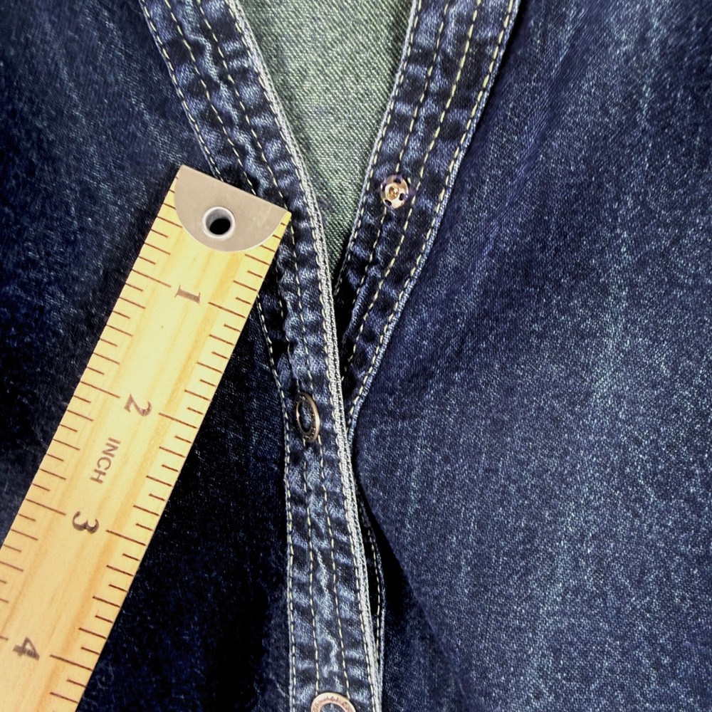 Lagenlook Western Vintage Hot Cotton Blue Denim Split Neck Snap Front Shirt M - Picture 5 of 8